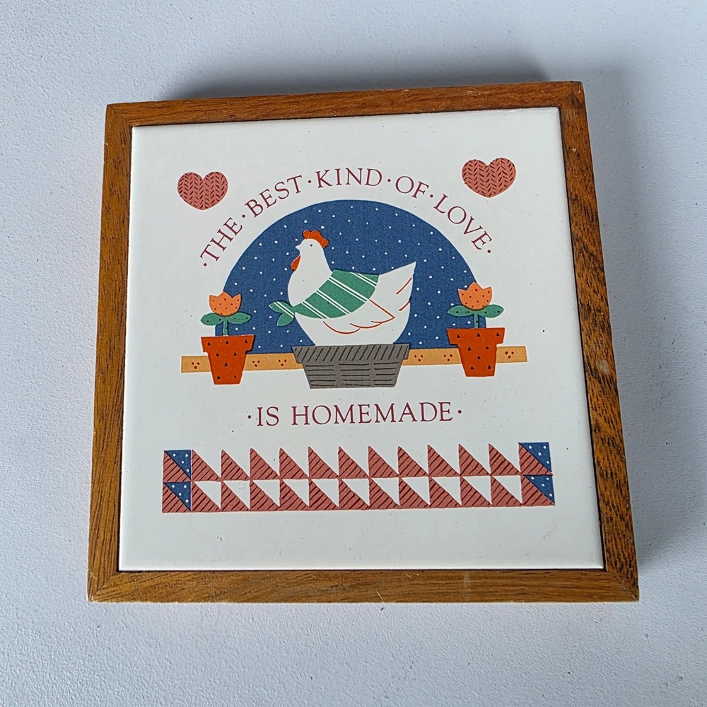 Vtg Cottagecore Tile Trivet Best Kind of Love is Homemade Chicken Wood 6" Farm